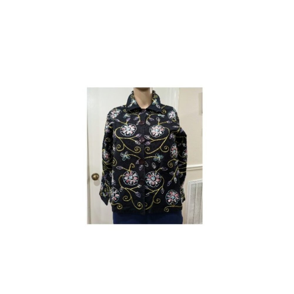 Vtg Woman's Jacket Black with Vibrant Embroidered Linen LIFE STYLE Petite INDIA